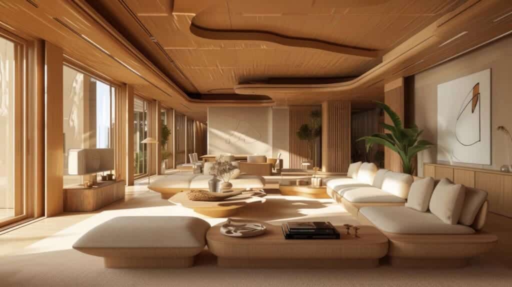 photorealistic timber house interior with wooden decor furnishings