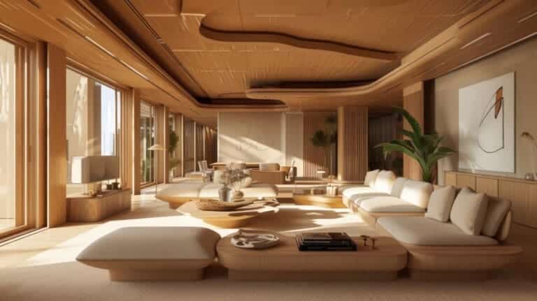 photorealistic timber house interior with wooden decor furnishings